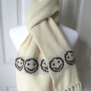 Vintage SMILEY FACE HAPPY Woven Beige Scarf Wrap Fringed